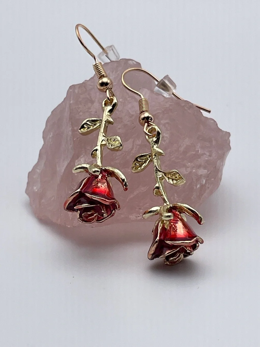 Gold Red Rose Drop Earrings